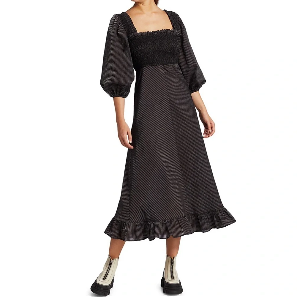 NWT 🖤 GANNI Seesucker Puff-Sleeve Midi Dress - Picture 6 of 12